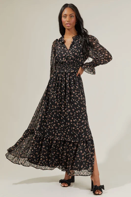 Maxi dresses with satin flow -Serenity Floral Leandra Ruffle Maxi Dress