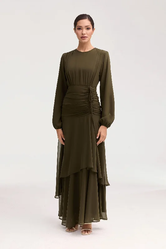 Maxi dresses with frill details -Narjis Side Rouched Maxi Dress - Olive