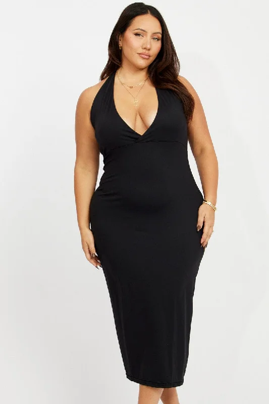 Maxi dresses for summer barbecue -Black Halterneck Supersoft Bodycon Maxidress