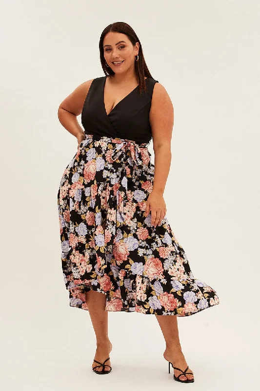 Maxi dresses with off-shoulder design -Print Floral Maxi Dress Plain Bodice V-neck Frill Skirt