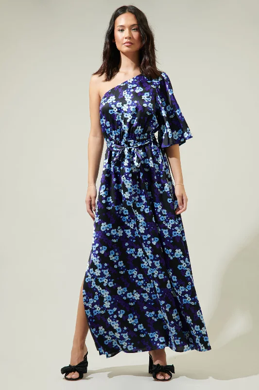 Maxi dresses for luxury holiday dinners -Aster Bloom Meara One Shoulder Satin Maxi Dress