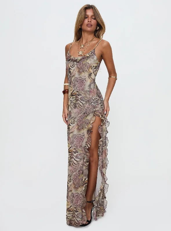 Maxi dresses with luxurious velvet fabric -Sympathize Frill Maxi Split Dress Multi