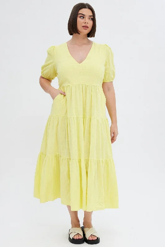 Maxi dresses with button-up design -Yellow Maxi Dress Tiered Puff Sleeve V-neck