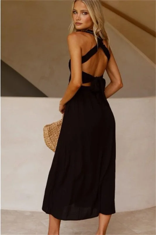 Maxi dresses with pleated front -Henry Black Maxi Dress