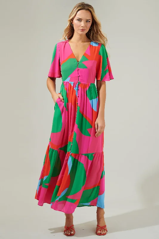 Maxi dresses with floral appliqué -Milton Abstract Pismo Button Down Flutter Maxi Dress