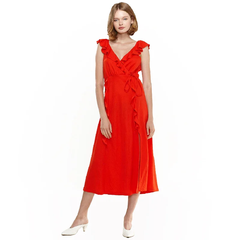 Maxi dresses with romantic design -Women's Ruffle Trim Wrapped Maxi Dress in Red