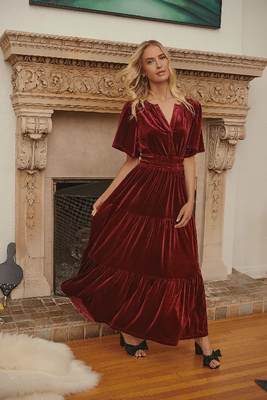 Maxi dresses with sequined embellishments -Debbie Velvet Tiered Maxi Dress