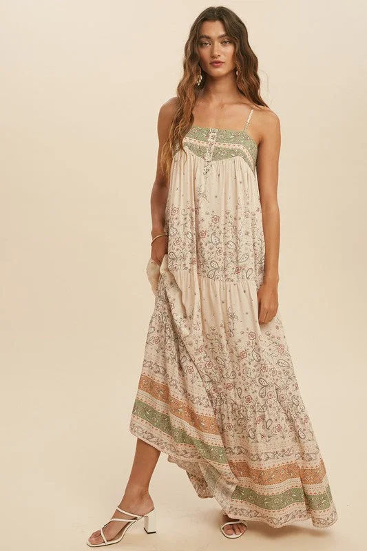 Maxi dresses for country wedding -Cream Boho Border Maxi Dress