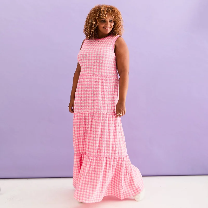 Maxi dresses with beautiful embroidery work -Paula Gingham Cotton Knitted Maxi Dress - Hot Pink