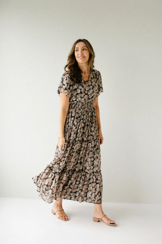 Maxi dresses with subtle sparkle -'Elizabeth' Leaf Print Tiered Maxi Dress in Black