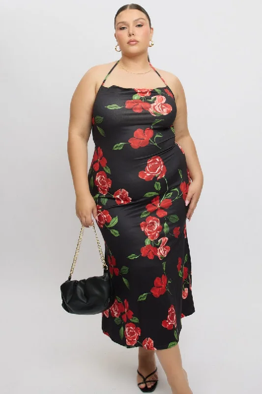 Maxi dresses for tropical getaway dinners -Black Floral Jersey Halter Bodycon Maxidress