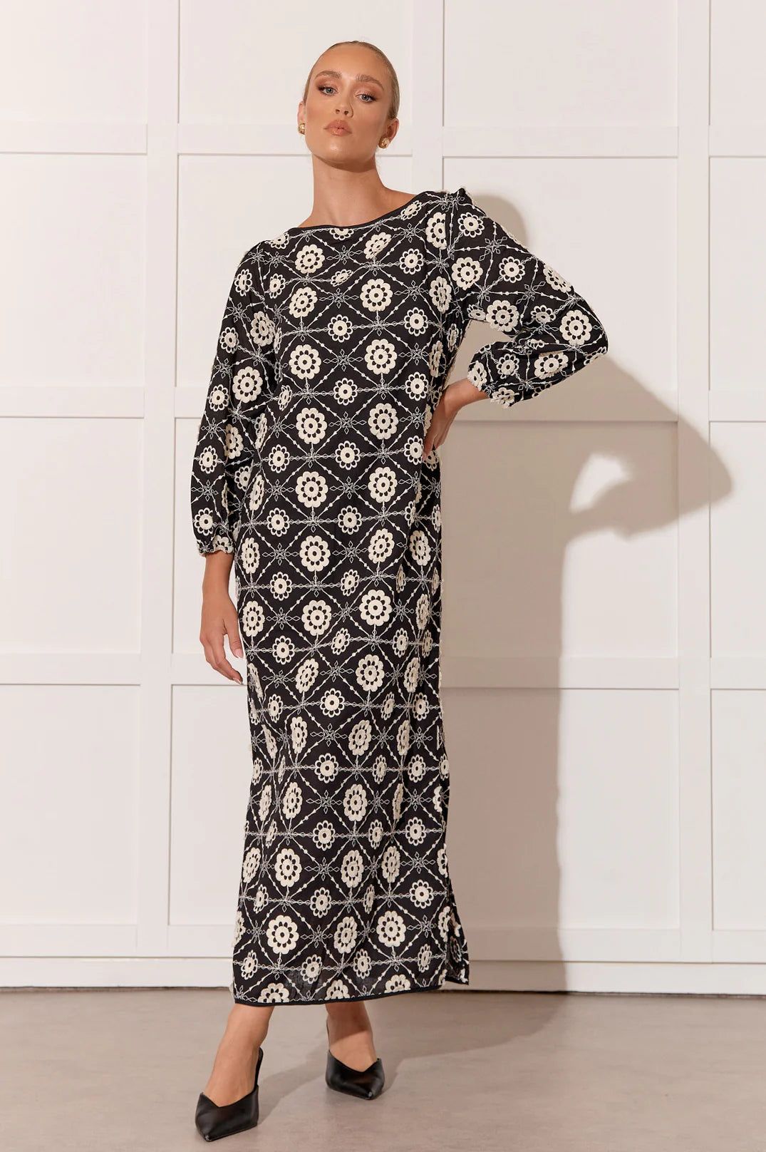 Maxi dresses for baby shower -Harley Embroidered Floral Maxi Dress - Black