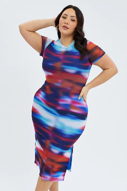 Maxi dresses with tiered design -Multi Abstract Maxi Dress Mesh Cap Sleeve Bodycon