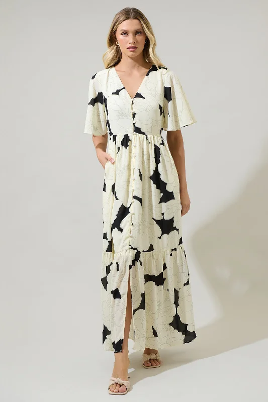 Maxi dresses for dinner party -Quinsy Floral Pismo Button Down Flutter Maxi Dress