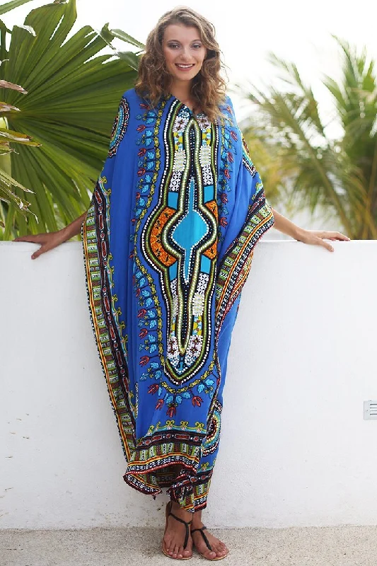 Maxi dresses with sheer waist -SHU-SHI Women's Ethnic V-Neck Kaftan Maxi Dress - Long Loose Casual Dashiki Beach Cover-Up with Sequins