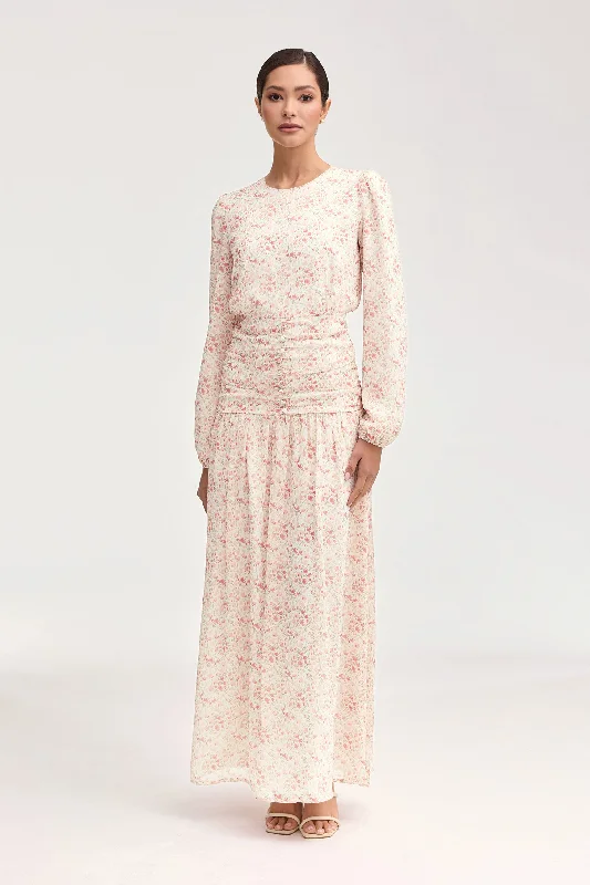 Maxi dresses with floral print -Randa Rouched Maxi Dress - Rose Floral