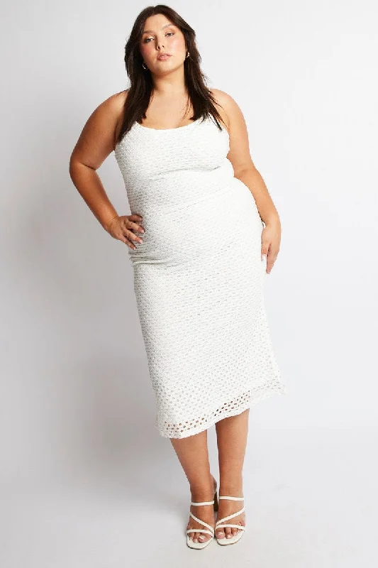 Maxi dresses with long flowy fabric -White Open Knit Bodycon Maxi Dress