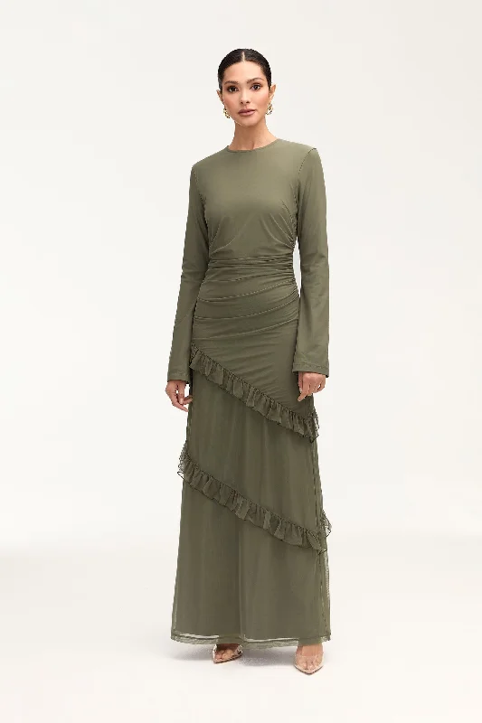 Maxi dresses for relaxed spring days -Sabrina Waterfall Maxi Dress - Smokey Olive