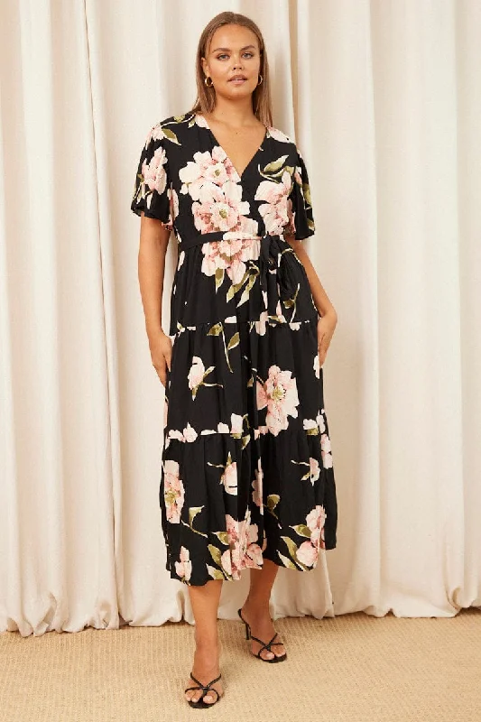 Maxi dresses with tailored design -Black Floral Maxi Dress Short Sleeve Wrap Front Tiered