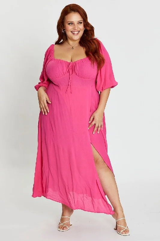 Maxi dresses with bold prints -Hot Pink Maxi Dress Scoop Neck Short Sleeve Front Split