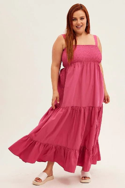 Maxi dresses with unique patterns -Pink Maxi Dress Sleeveless Shirred Tiered