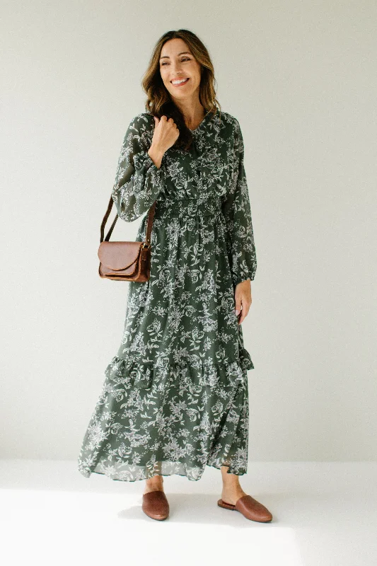 Maxi dresses with long flowy sleeves -'Letitia' Floral Ruffle Detail Maxi Dress in Deep Olive