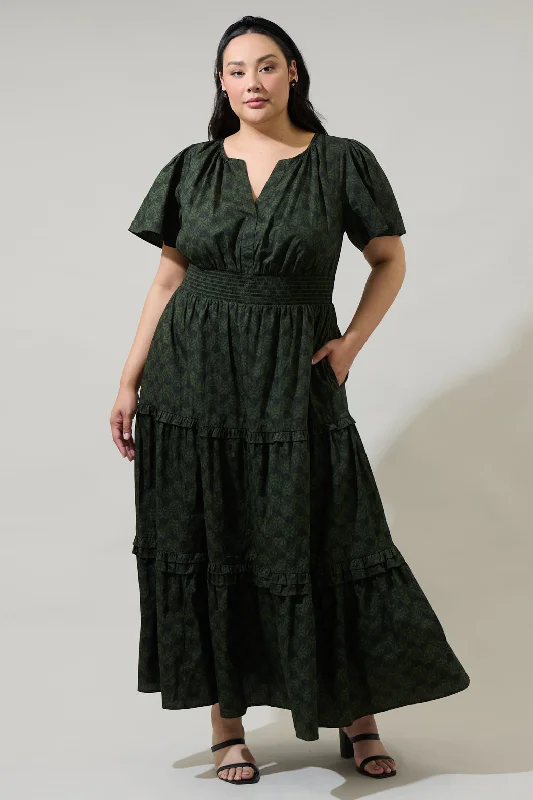 Maxi dresses with open shoulder design -Haslet Floral Palmer Poplin Tiered Maxi Dress Curve