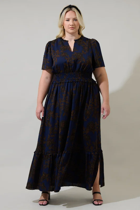 Maxi dresses with delicate floral accents -Tolleson Floral Valencia Split Neck Maxi Dress Curve