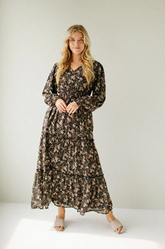 Maxi dresses for special occasions -'Poetry' Vintage Floral Print Chiffon Maxi Dress in Black