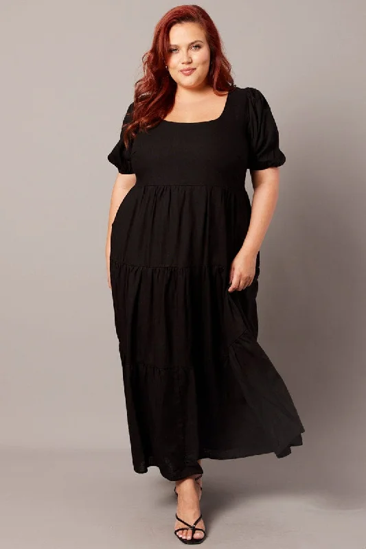 Maxi dresses with wide hemline -Black Scoop Neck Linen Maxidress With Pockets