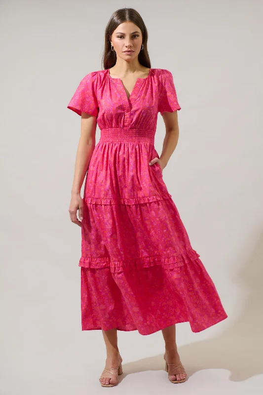 Maxi dresses with tiered skirt -Cerise Floral Palmer Poplin Tiered Maxi Dress