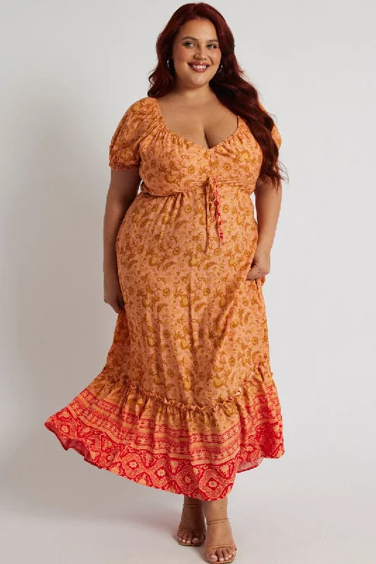 Maxi dresses with wrap-around skirt -Orange Boho Puff Sleeve Boho Printed Maxi Dress High Low Hem