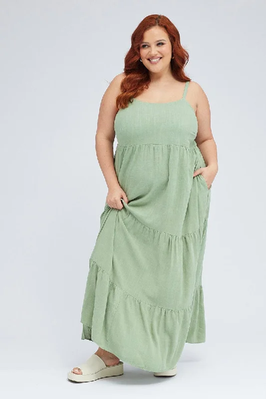 Maxi dresses for high-end events -Green Maxi Dress Sleeveless Tiered Linen Blend