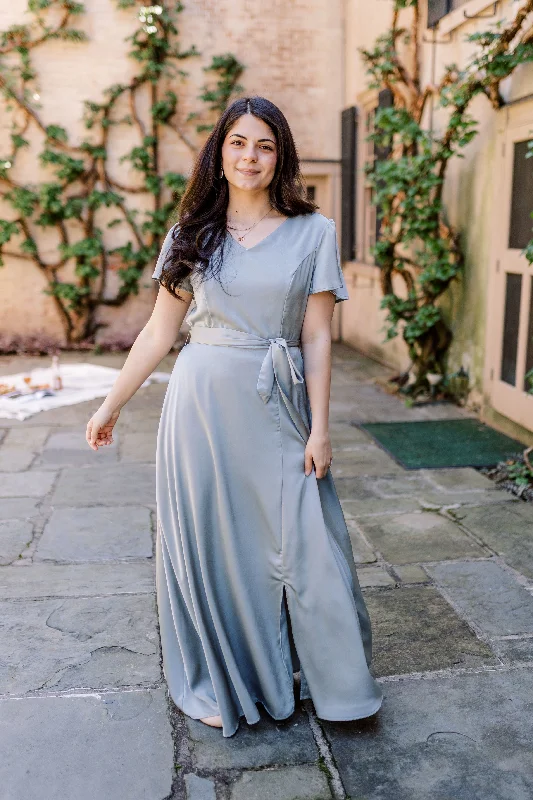 Maxi dresses with high waistline -'Gwyneth' Washed Satin Maxi Dress in Sage FINAL SALE