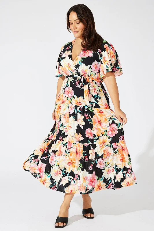 Maxi dresses with mesh details -Multi Floral Faux Wrap Maxidress Flare Sleeve V-neck