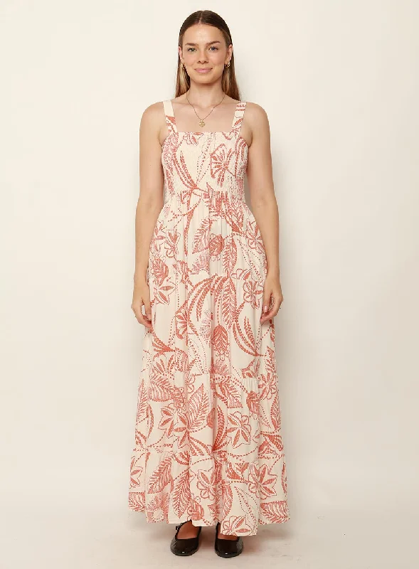 Maxi dresses with asymmetrical cut -Dandi Shirred Strap Maxi Dress-TAN