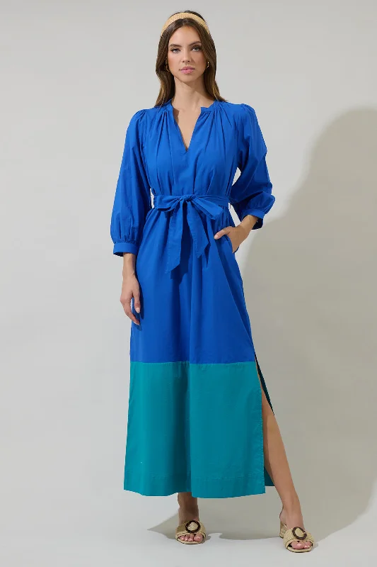 Maxi dresses with asymmetrical hemline -Mayfield Bay Color Block Maxi Dress