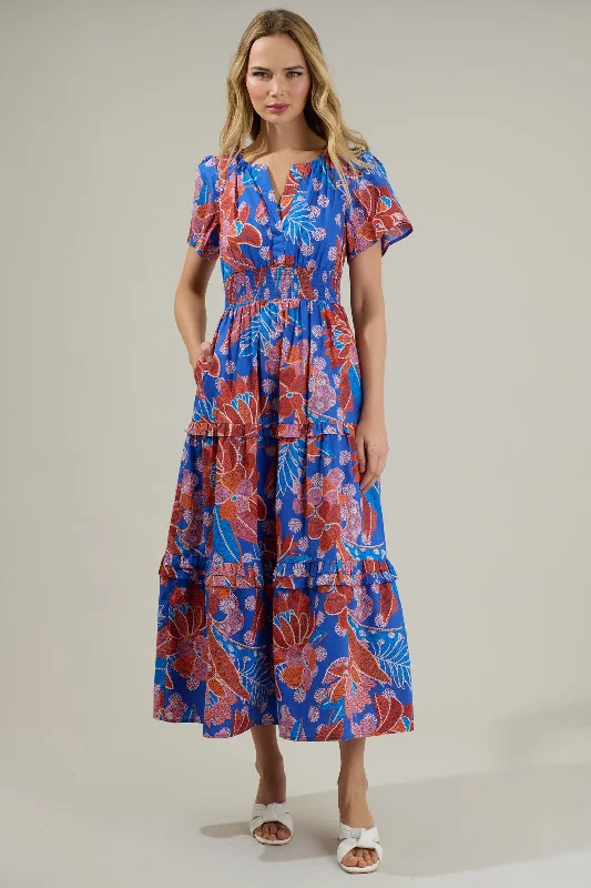 Maxi dresses for evening cocktails -Amazonia Blue Floral Palmer Poplin Tiered Maxi Dress