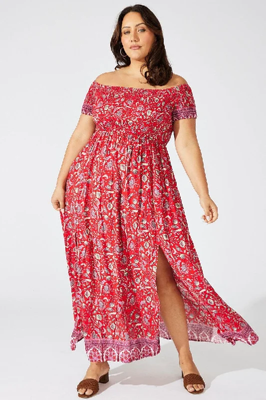 Maxi dresses for hot weather -Red Boho Maxi Dress Short Sleeve Shirred