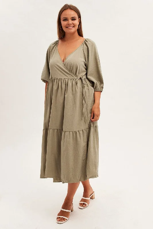 Maxi dresses with flowing chiffon fabric -Green Maxi Dress Wrap Short Sleeve