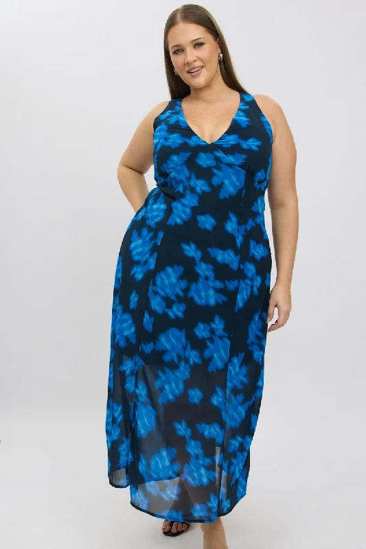 Maxi dresses for evening birthday parties -Blue Abstract Maxi Dress Sleeveless