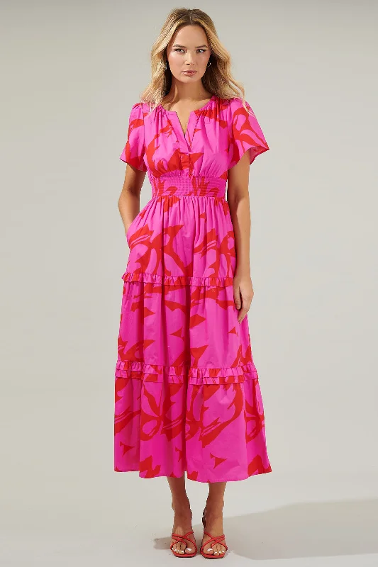 Maxi dresses with sheer sleeves -Jolene Abstract Palmer Poplin Tiered Maxi Dress