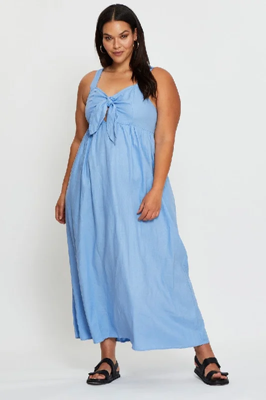 Maxi dresses with side pockets and belt -Blue Maxi Dress Sleeveless Tie Front