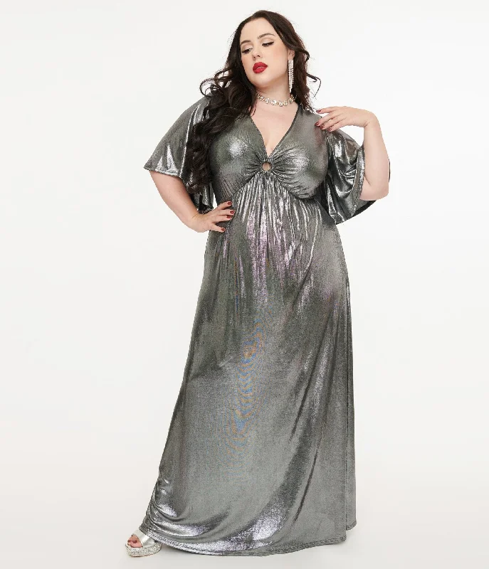 Maxi dresses with classic design -Smak Parlour Plus Size 1970s Metallic Silver Cutout Maxi Dress