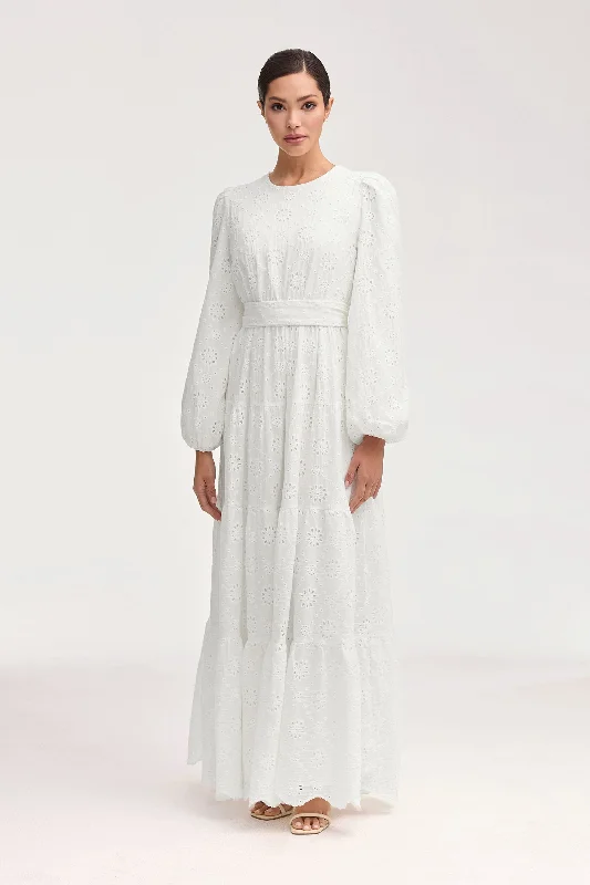 Maxi dresses with belt -Zaynab White Eyelet Maxi Dress