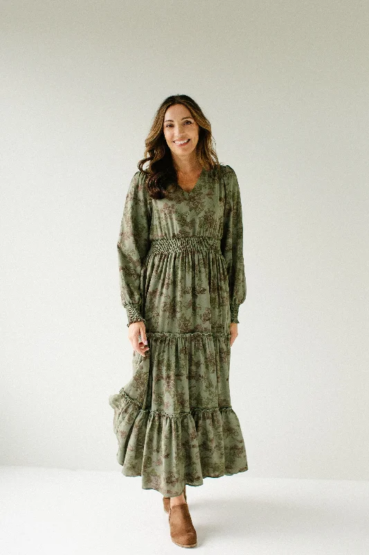 Maxi dresses with tiered design -'Poetry' Abstract Floral Chiffon Maxi Dress in Oak Moss