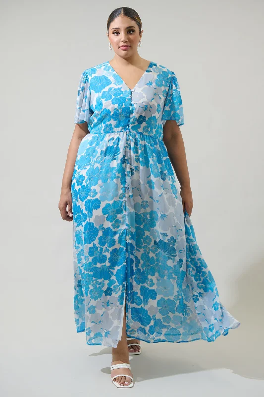 Maxi dresses for seasonal parties -Kerela Floral Linana Button Front Maxi Dress Curve