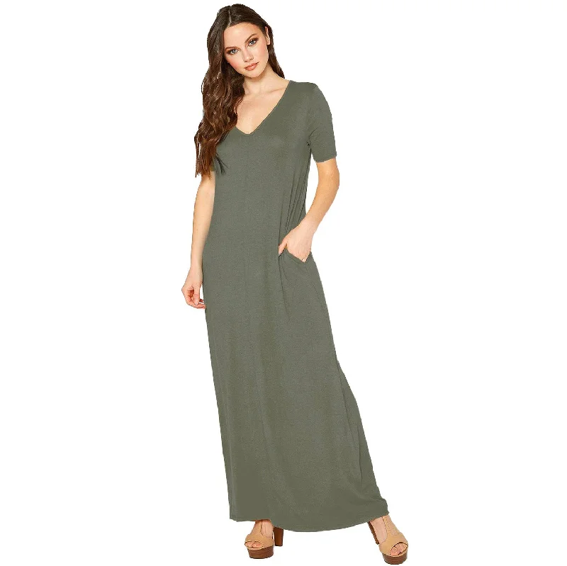 Maxi dresses with soft flowing skirt -V-neck Short Sleeve Maxi Dress With Pockets