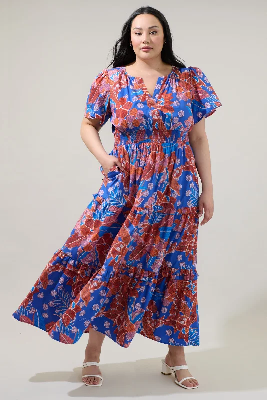 Maxi dresses with sheer lace panels -Amazonia Blue Floral Palmer Poplin Tiered Maxi Dress Curve