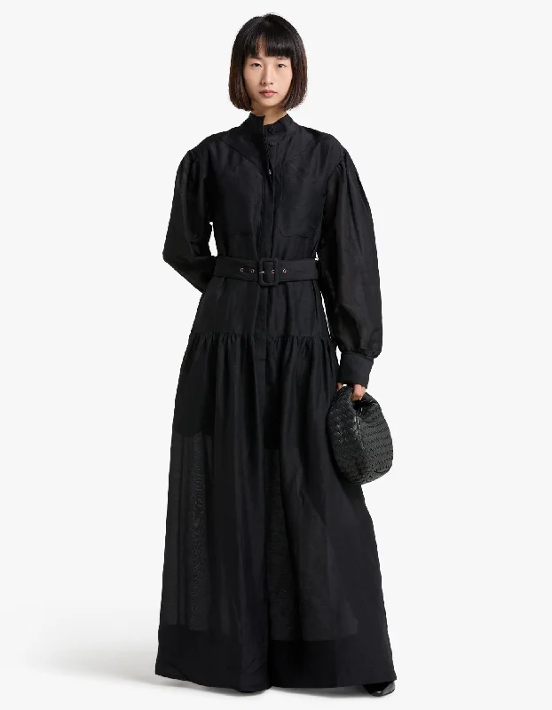 Maxi dresses with ruched sides -Celeste Long Sleeve Tiered Shirt Maxi Dress - Black